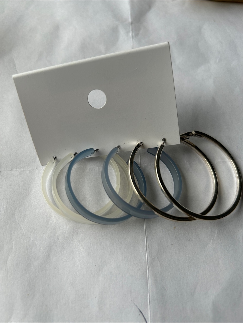 Set of Women's Hoop Earrings in Blue, White and Silver